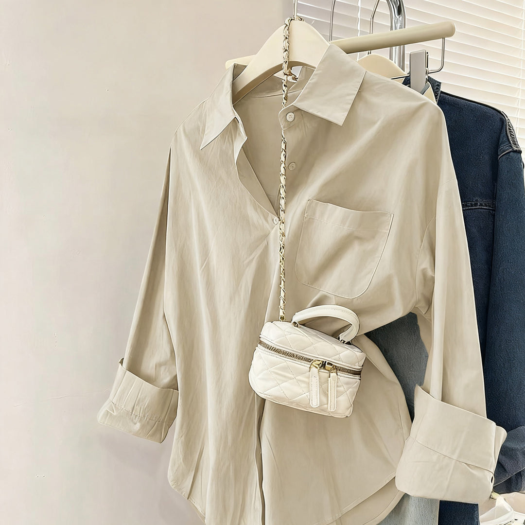 Damen nan oversized Hemdbluse mit Brusttasche, umgeschlagenen Ärmeln und relaxed Fit Drune