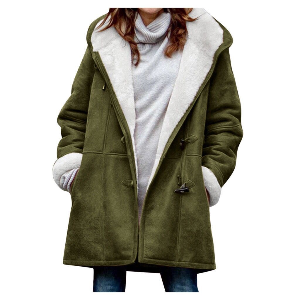 Damen Kapuzen-Dufflecoat mit Kunstfellbesatz und KnDruneelverschlüssen Drune