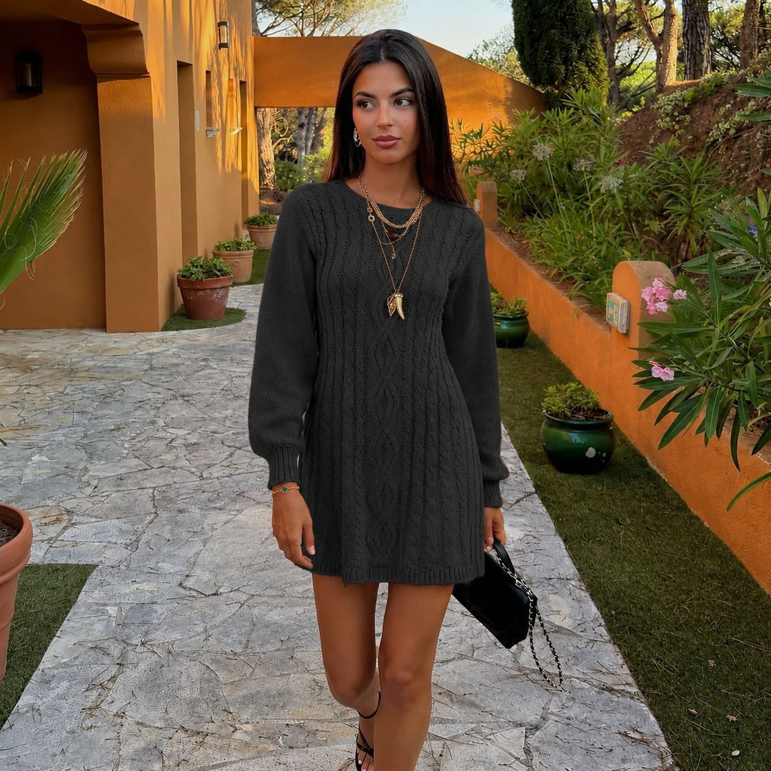 Damen Strickkleid mit Zopfmuster und Ballonärmeln Drune