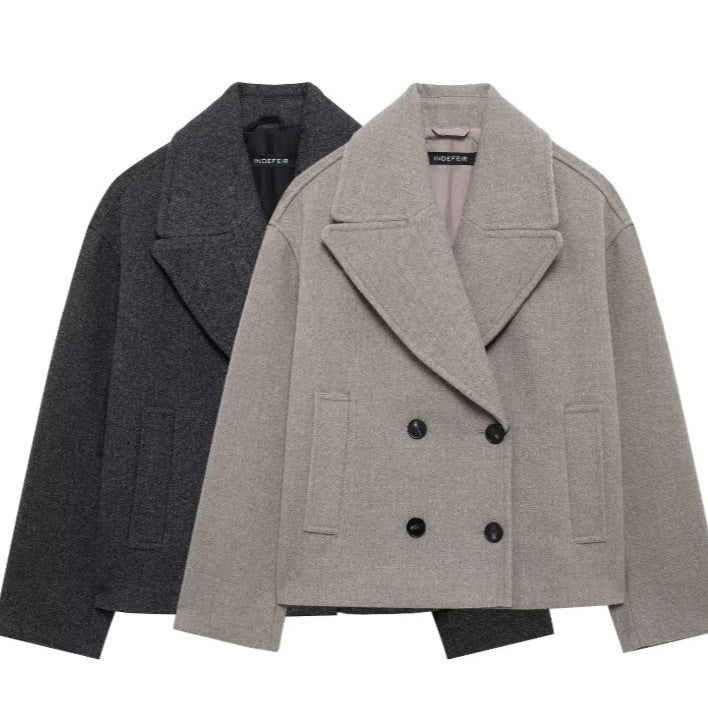 Damen 300+ Cropped doppeltreihiger Wollmix‑Blouson mit weitem Revers Drune