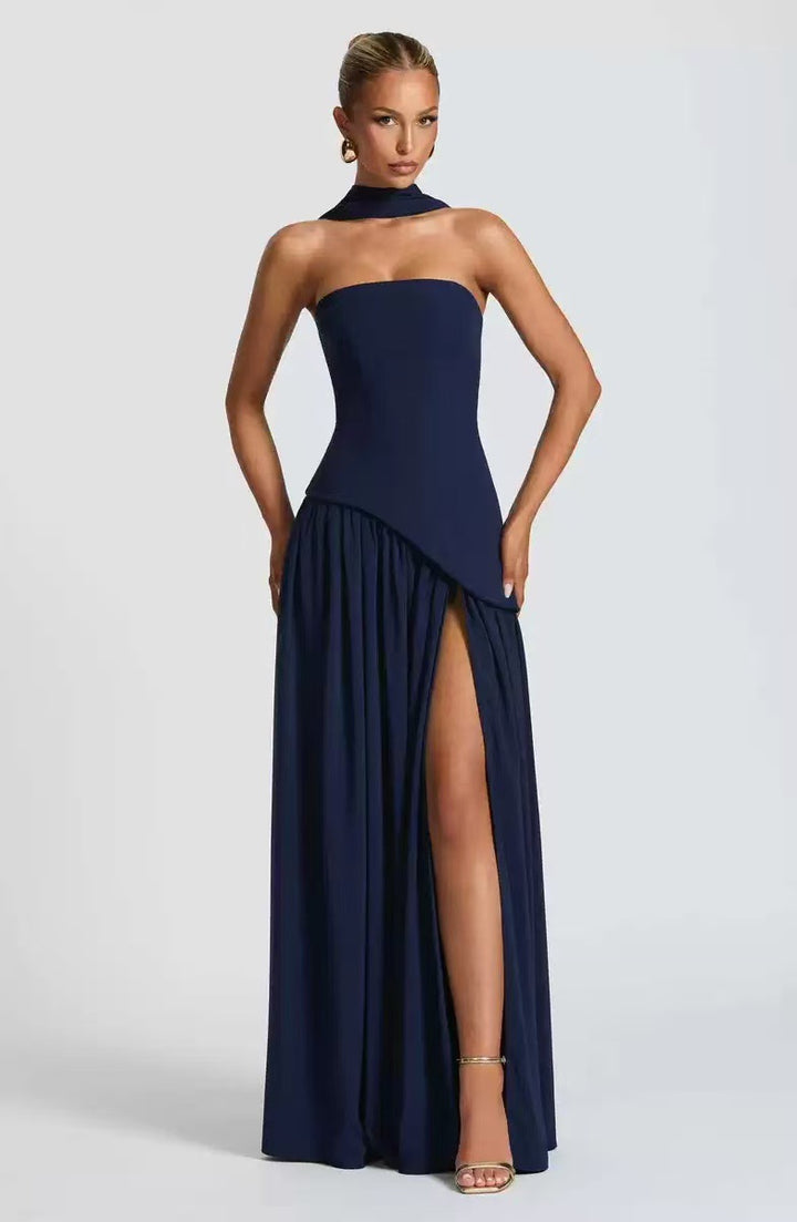 Damen Bodenlanges Maxikleid mit schulterfreiem Design und elegantem Schlitz Drune