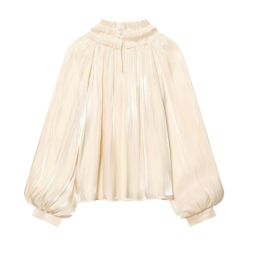 Damen nan plissierte Highneck-Bluse mit Volantkragen, Ballonärmeln und elastischen Bündchen Drune