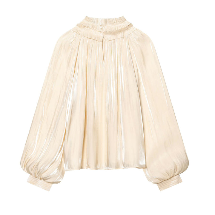 Damen nan plissierte Highneck-Bluse mit Volantkragen, Ballonärmeln und elastischen Bündchen Drune