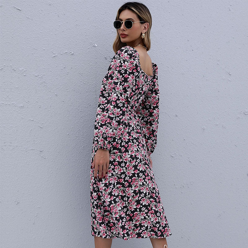 Damen Midikleid mit floralem Stufenrock, gerafftem Ausschnitt & Taillenzug Drune