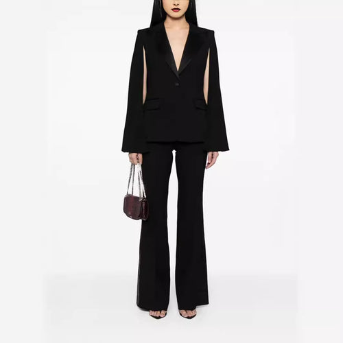 Damen Zweiteiliges Abendliches Blazer-Set mit Cape-Ärmeln und ausgestellten Marlene-Hosen Drune