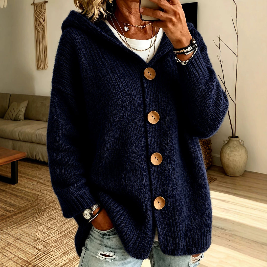 Damen Grobgestrickter Kapuzencardigan mit überlanger Silhouette, Holzknopfleiste und gerippten Bündchen Drune