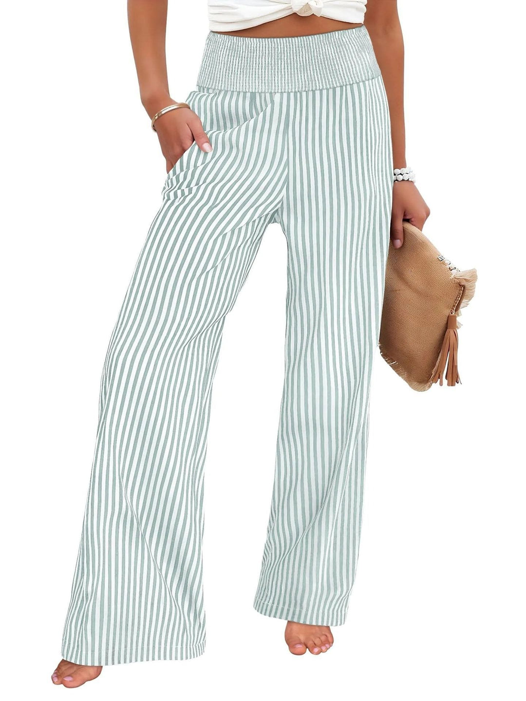 Damen Gestreifte Palazzo-Hose mit hohem, gerafftem Bund und weitem Bein Drune