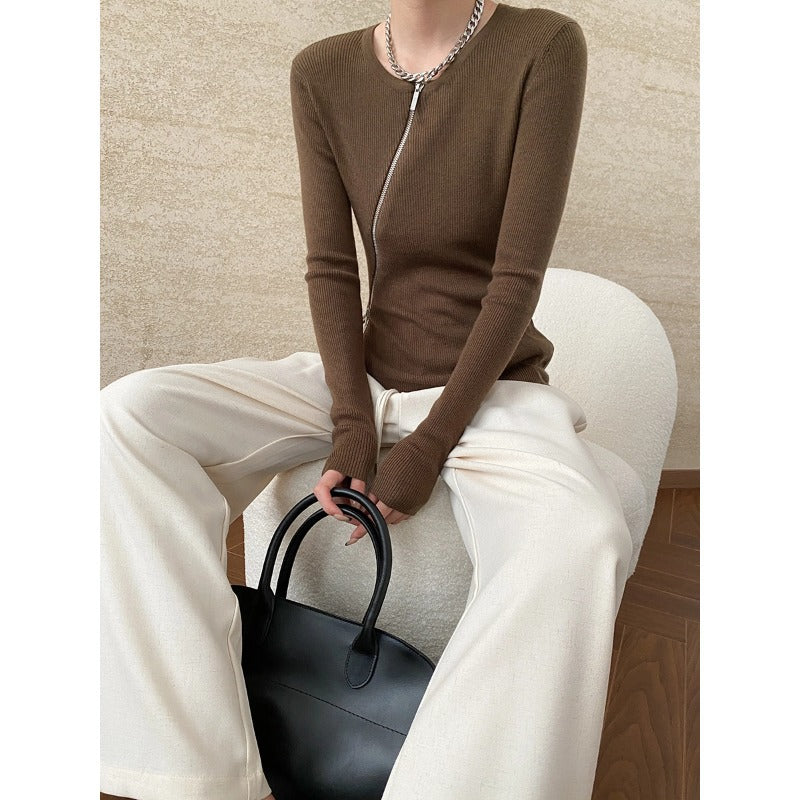 Damen eleganter Strickpullover mit Reißverschluss und schmalem Schnitt Drune