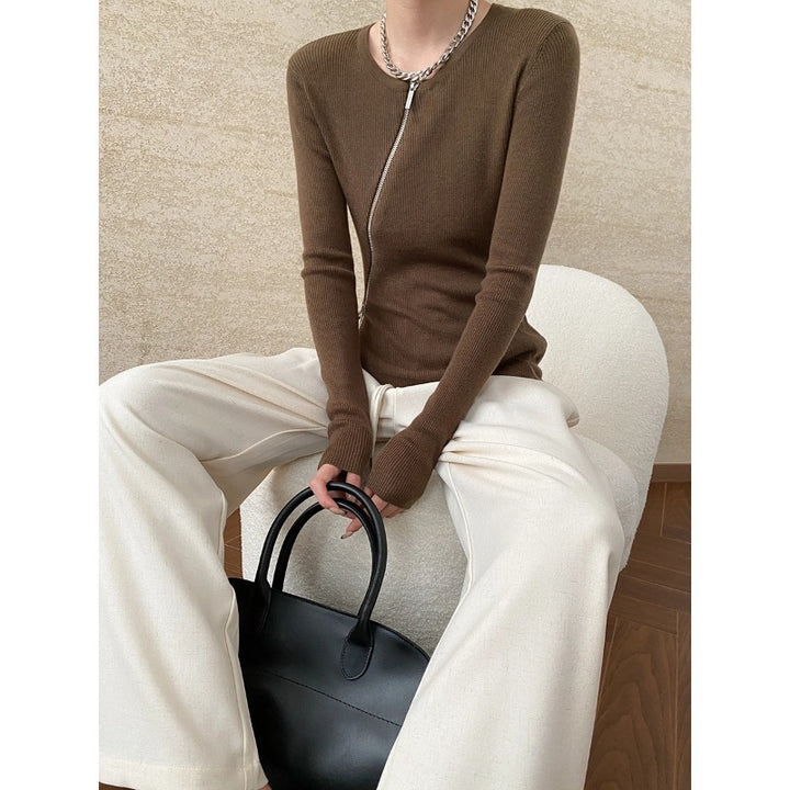 Damen eleganter Strickpullover mit Reißverschluss und schmalem Schnitt Drune