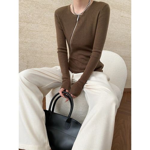Damen eleganter Strickpullover mit Reißverschluss und schmalem Schnitt Drune