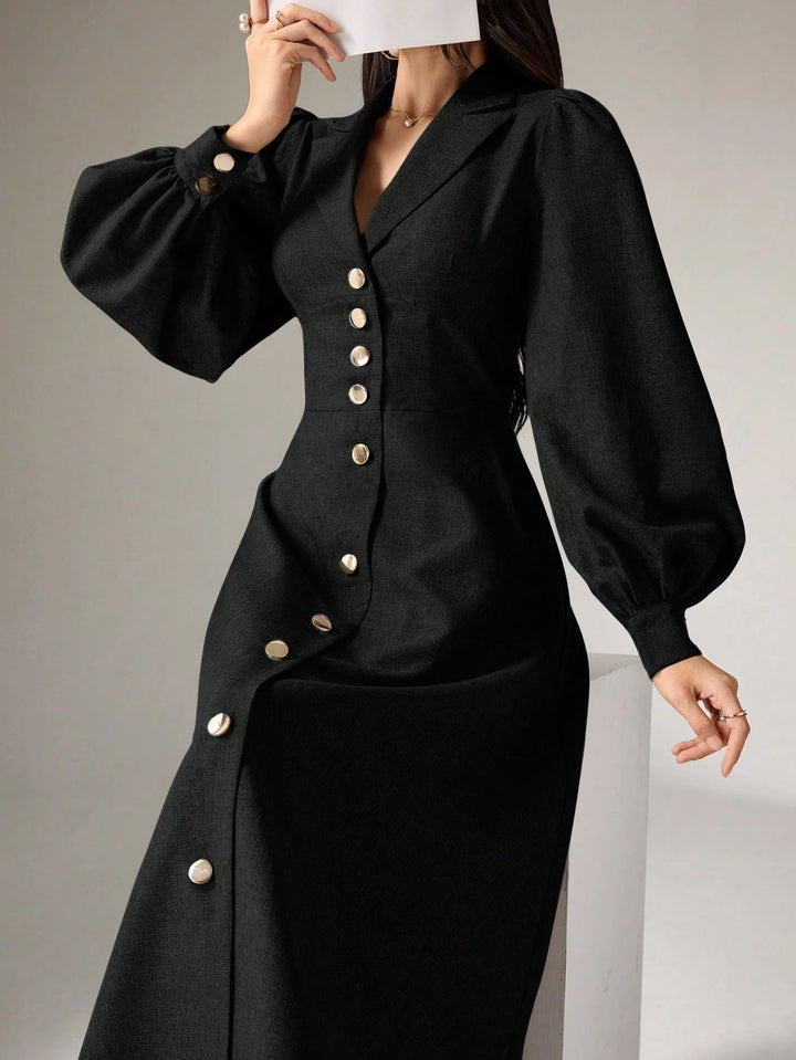 Damen Tailliertes Midikleid mit Ballonärmeln und Reverskragen Drune