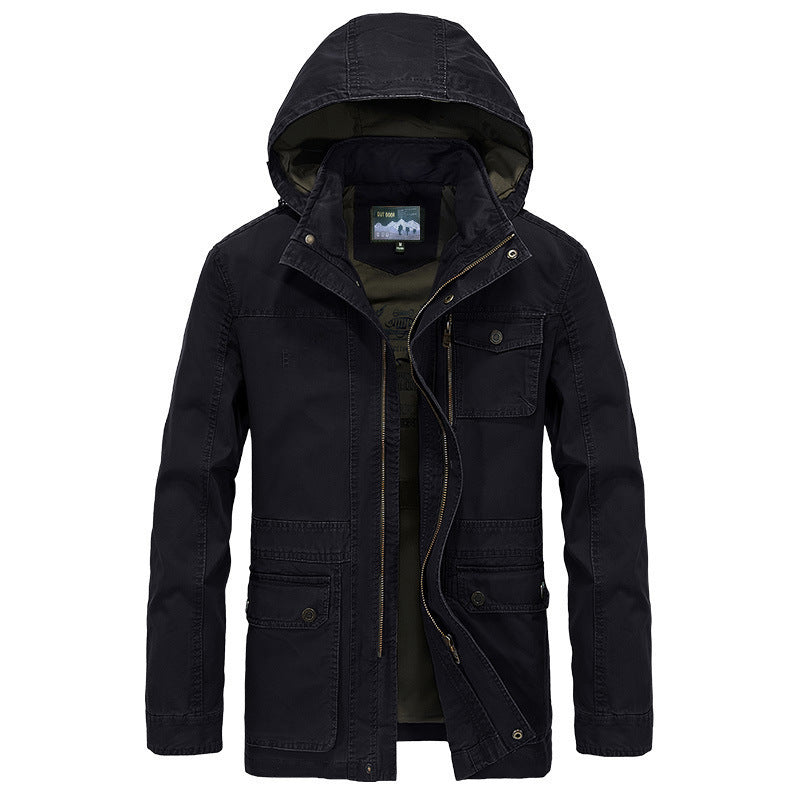 Herren robuste Canvas-Feldjacke mit Kapuze, Mehrfach-Taschen und verstärkten Nähten Drune