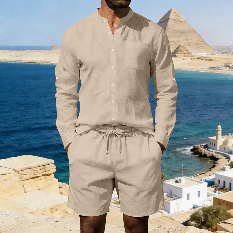 Herren nan sommerliches Leinen-Set mit Stehkragenhemd und Kordelzug-Kurzhose Drune