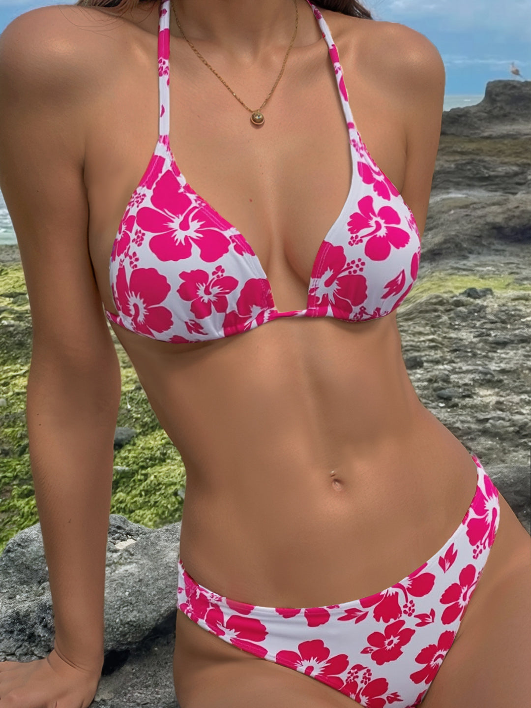 Damen Triangel-Bikini mit floralem Muster und verstellbaren Trägern Drune
