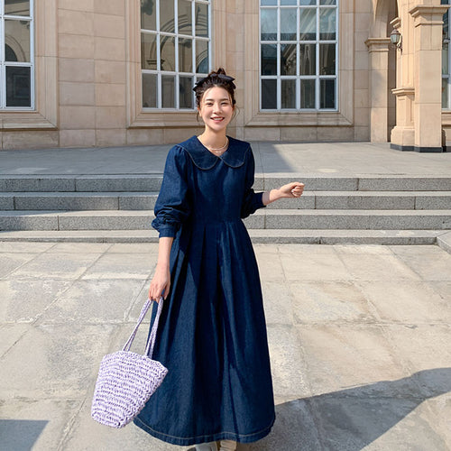 Damen Langes Chambray-Midaxi-Hemdkleid mit geraffter Taillenpasse und weitem Rockfalten Drune