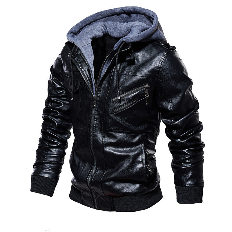 Herren Stylische Kunstlederjacke mit Hoodie Drune