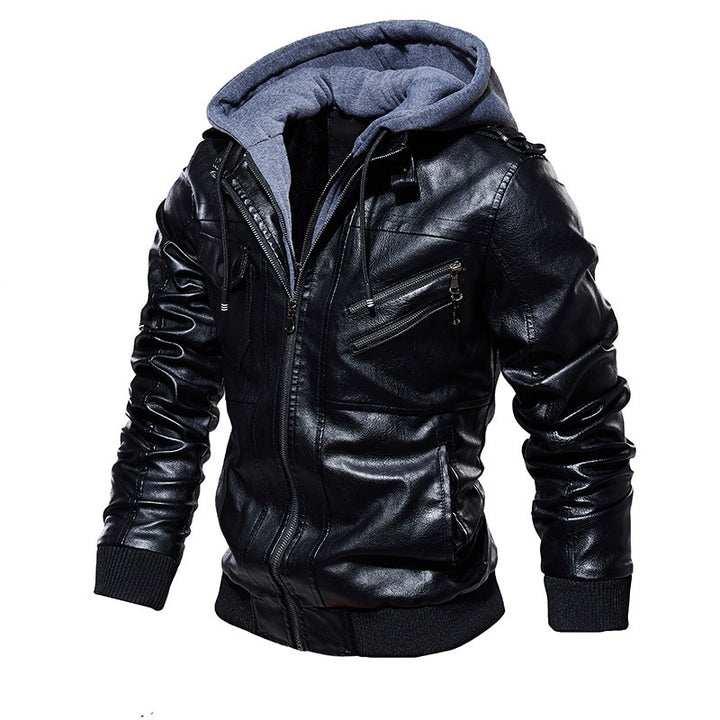 Herren Stylische Kunstlederjacke mit Hoodie Drune