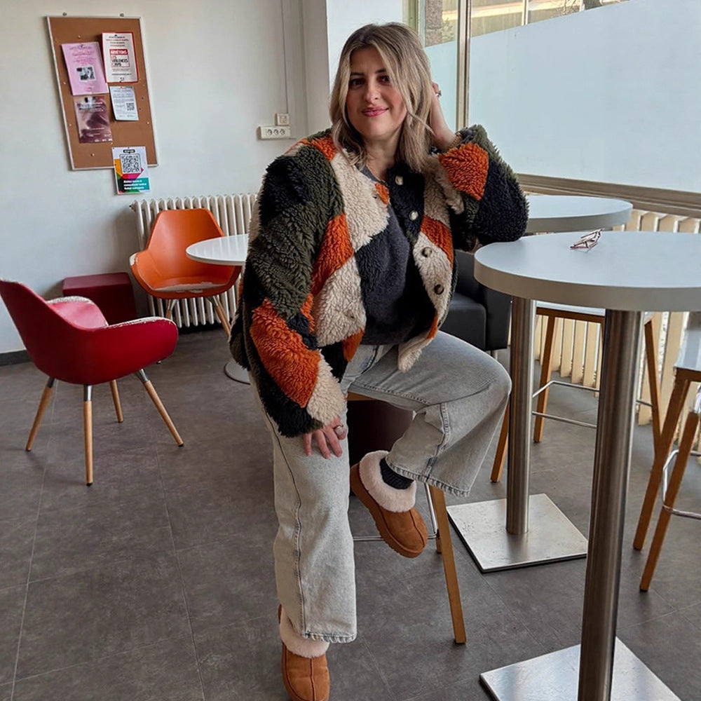 Damen Kurz geschnittene Patchwork‑Teddyjacke mit strukturierter Schlingenfaser und Druckknopfleiste Drune