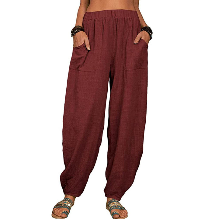Damen nan lockere Leinenhose mit weitem Bein elastischem Bund und großen aufgesetzten Taschen Drune