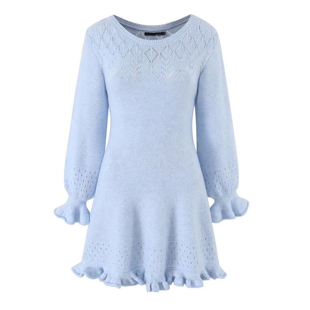 Damen Gestricktes A‑Linien Kleid mit Rüschenbündchen und Lochmuster Drune