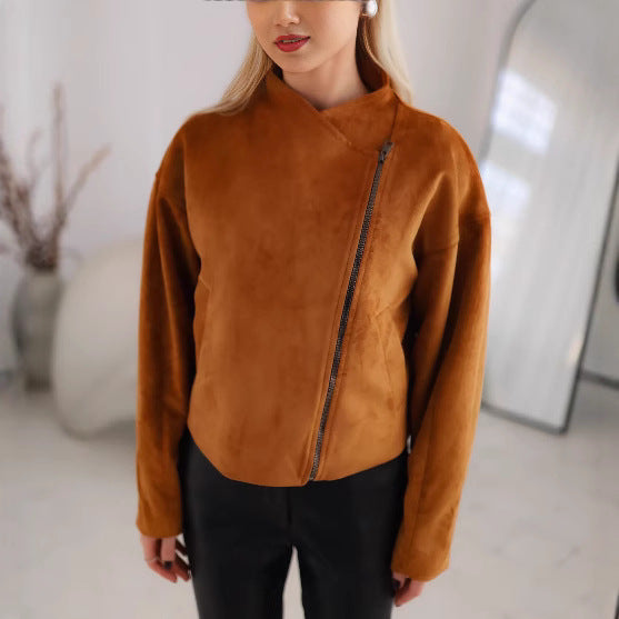 Damen Trendige Kurzjacke im lässigen Biker-Stil mit asymmetrischem Reißverschluss und tiefem Kragen Drune