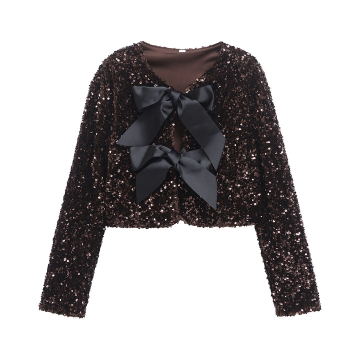 Damen nan Pailletten-Bolerojacke mit doppelschleifen-Verschluss, gefütterter Innenlage und tailliertem Cropped-Schnitt Drune