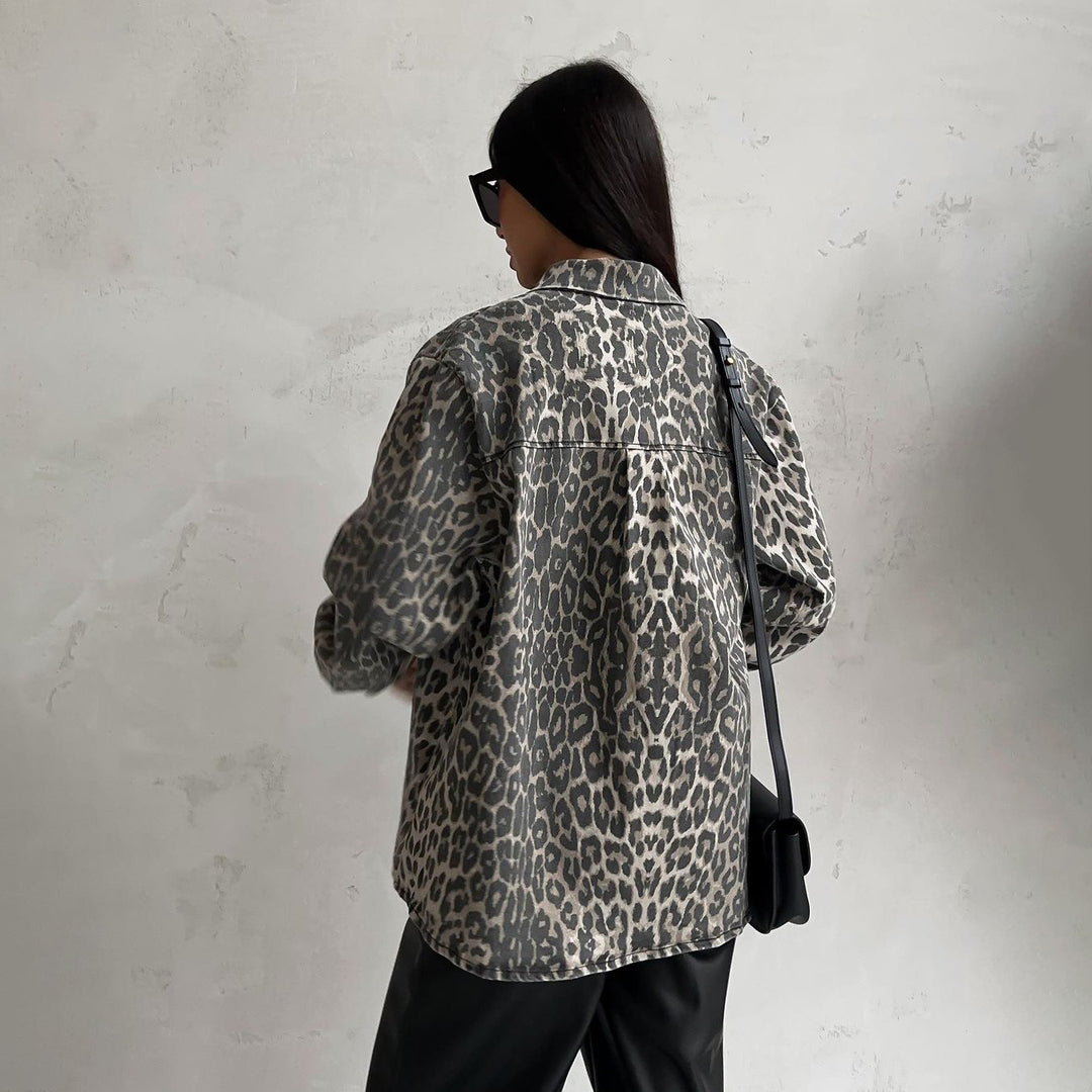 Damen Oversize-Jeansjacke mit Leopardenprint und aufgesetzten Brusttaschen Drune