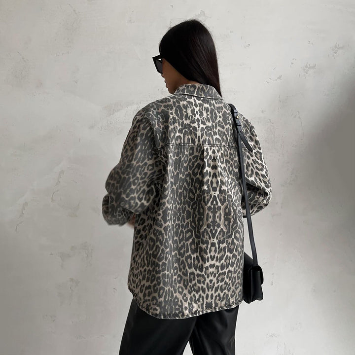 Damen Oversize-Jeansjacke mit Leopardenprint und aufgesetzten Brusttaschen Drune