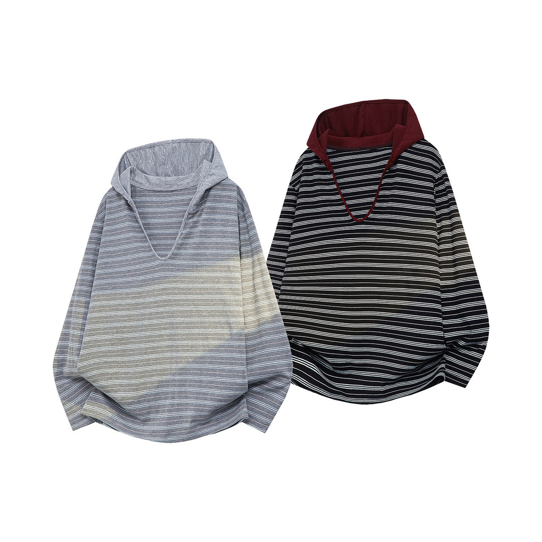 Unisex Oversize Kapuzenpullover mit tiefem V-Ausschnitt und feinem Streifenmuster Drune