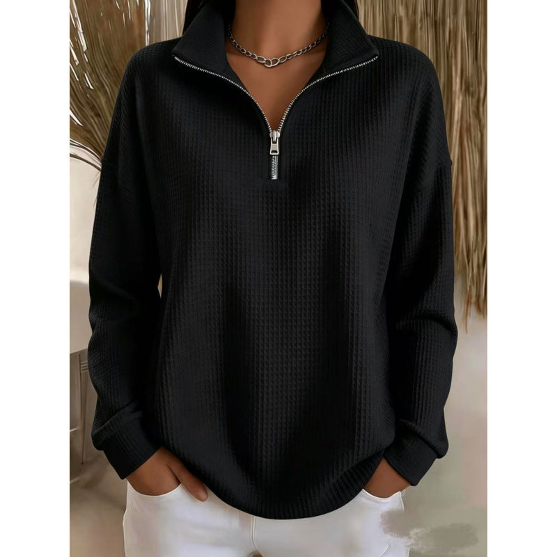 Damen Waffelstrick-Sweatshirt mit halbem Reißverschluss und Stehkragen Drune