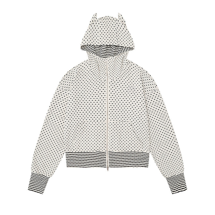 Damen Kapuzen‑Sweatjacke mit Reißverschluss, Ohr‑Applikation und Allover‑Pünktchen Drune