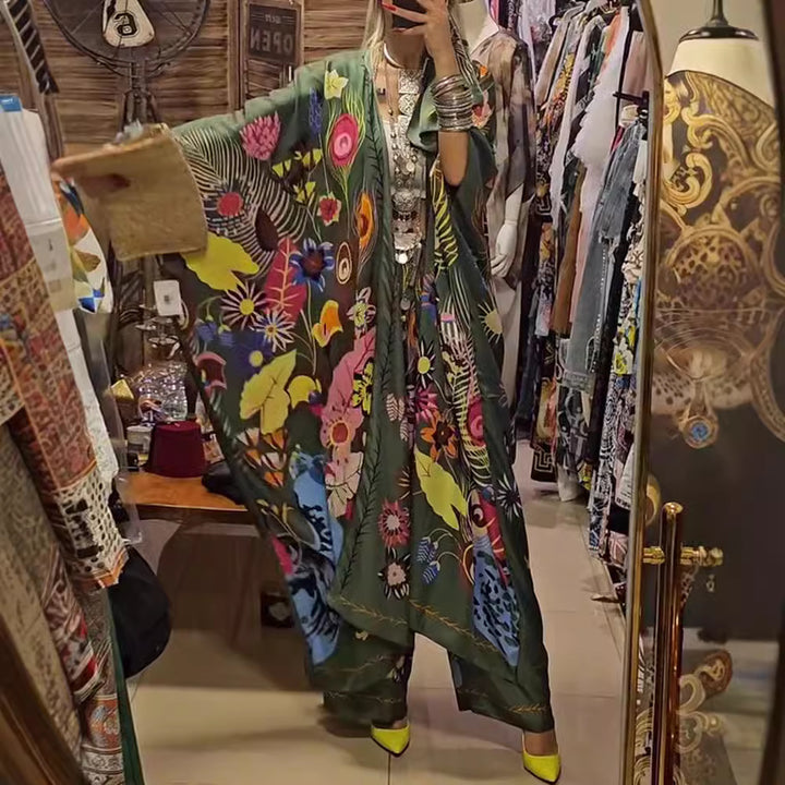 Damen nan extravagantes Maxi-Kaftan-Zweiteiler mit weitem Kimonoärmel, ausgestellter Palazzohose und ausdrucksstarkem Floralprint Drune