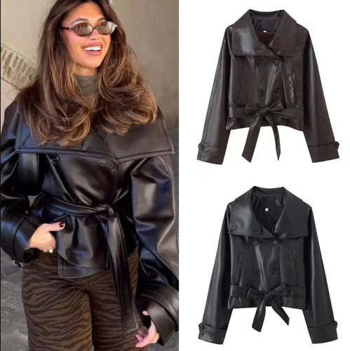 Damen 100+ Cropped Kunstleder-Trenchblouson mit doppelreihiger Knopfleiste und Taillengürtel Drune