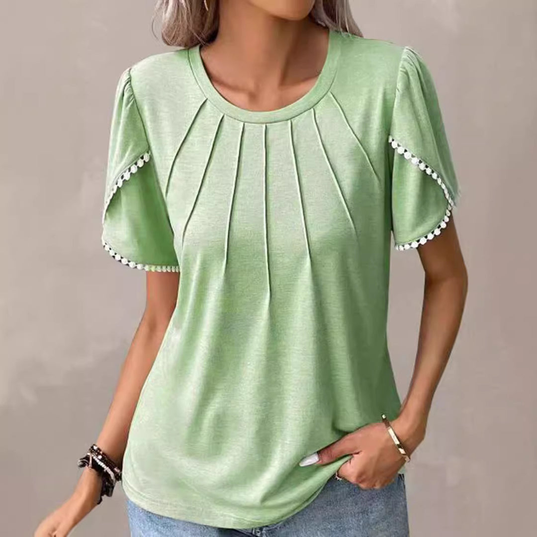 Damen nan Rundhals-Shirt mit dekorativer Kellerfalten-Front, Flatterärmeln und Pompon-Borte Drune