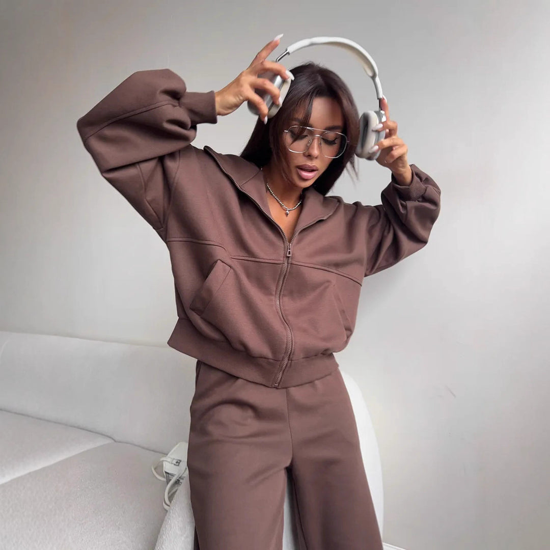 Damen Oversized Hoodie-Jacke mit hoher Stehkapuze und gerader Relax-Sweathose Drune