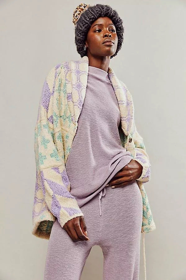 Damen Oversized Strickjacke mit Schalkragen und grafischem Muster Drune