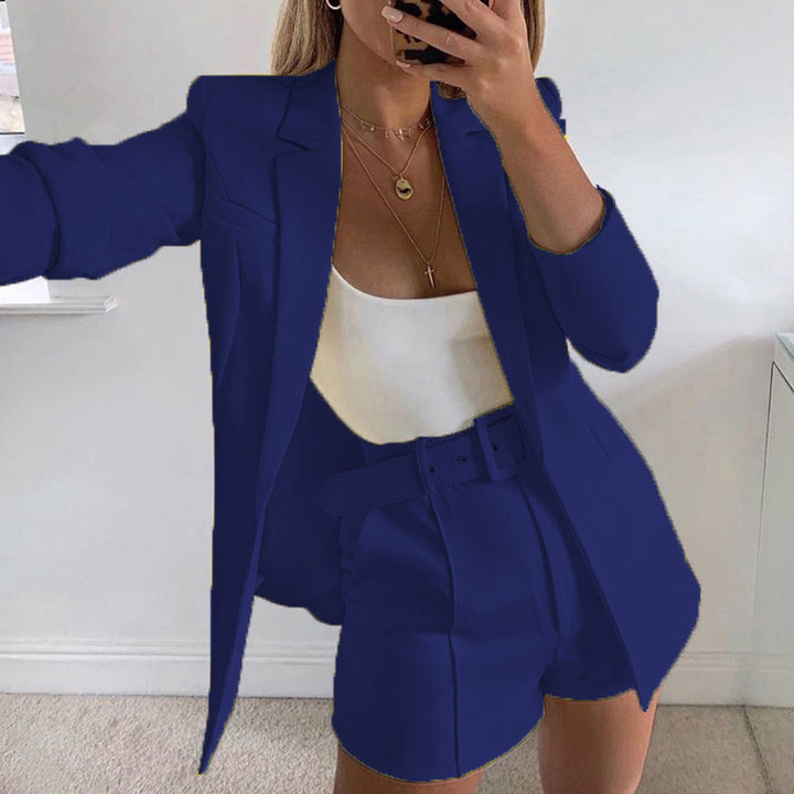Damen Zweiteiliges maßgeschneidertes Blazer‑Set mit hochtaillierten Shorts und Gürtel Drune