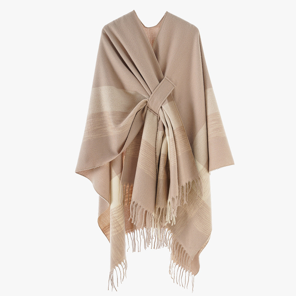 Damen Cape‑Poncho aus Wollmix mit Schlitzgürtel, geometrischem Jacquard und Fransensaum Drune