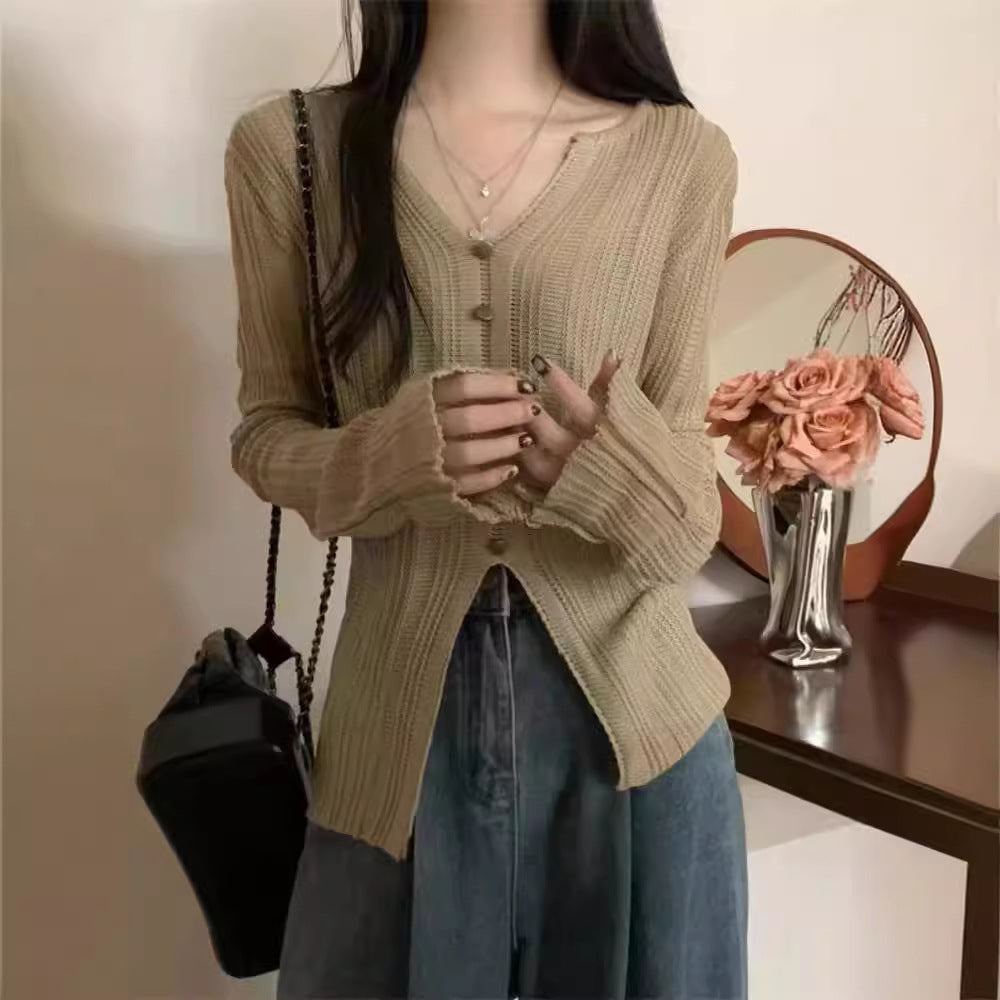 Damen eleganter V-Ausschnitt Pullover mit Knopfdetail und lässigen Ärmeln Drune
