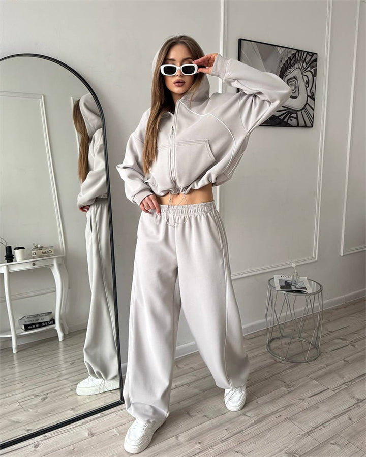 Damen kurzes Kapuzen-Sweatset mit Frontreißverschluss, kontrastierender Paspel und elastischer Highwaist-Jogger Drune