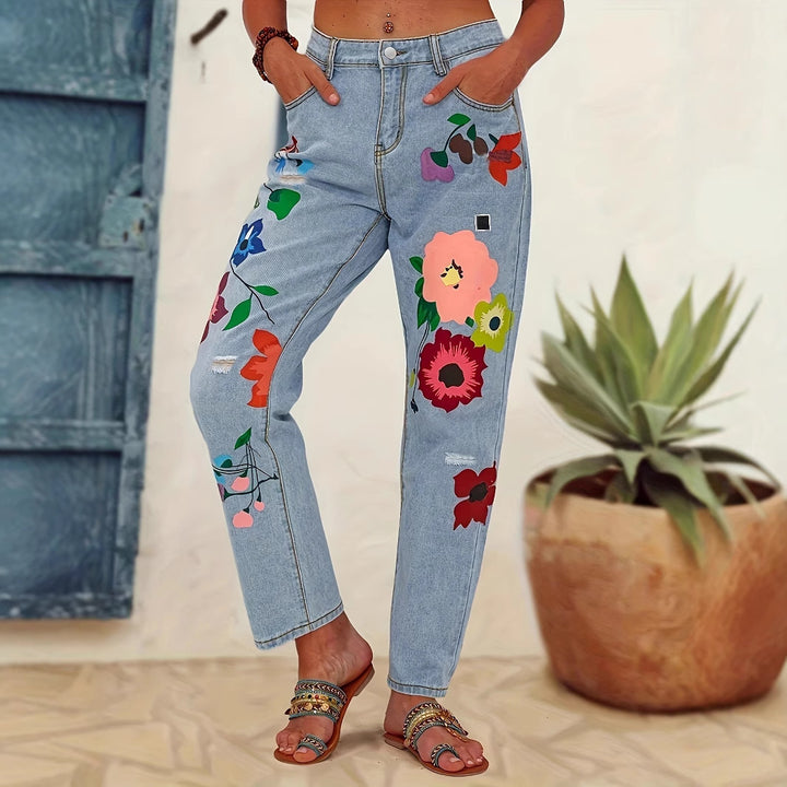 Damen Gerade geschnittene Jeans mit bunten Blumenapplikationen und leichten Destroy-Details Drune