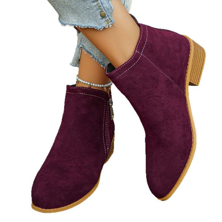 Damen elegante Ankle-Boots aus Velourslederimitat mit seitlichem Reißverschluss und niedrigem Blockabsatz Drune