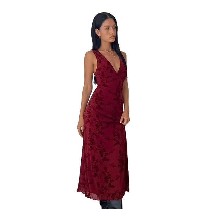 Damen Maxikleid mit tiefem V-Ausschnitt und floralem Spitzenmuster Drune