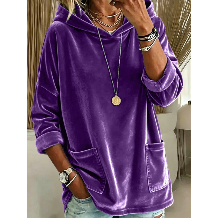 Damen Samt-Hoodie mit Kapuze, Oversize-Schnitt und aufgesetzten Taschen Drune
