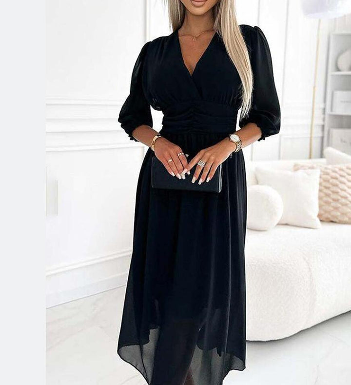 Damen Chiffon Maxi Kleid mit V-Ausschnitt, Rüschengesäß und 3/4 Ärmeln Drune