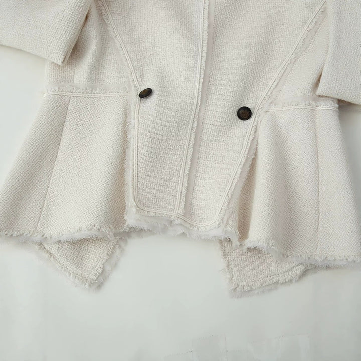Damen Bouclé-Blazer mit Stehkragen, taillierter Silhouette und Fransenbesatz Drune