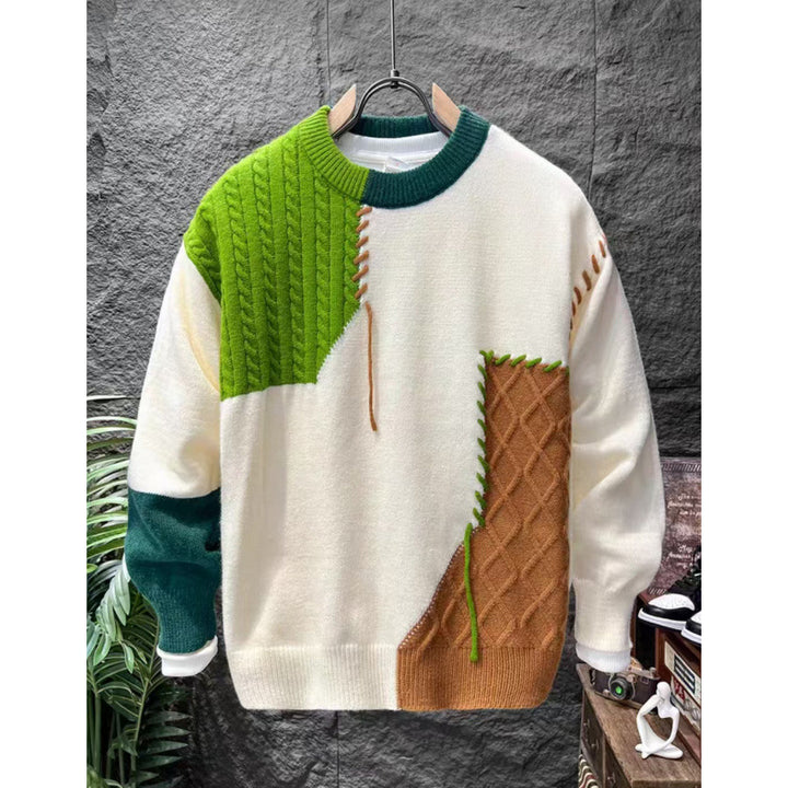 Unisex Patchwork-Oversize-Strickpullover mit Zopf- und Rautenmuster, dekorativen Kontrastnähten und Rundhalsausschnitt Drune