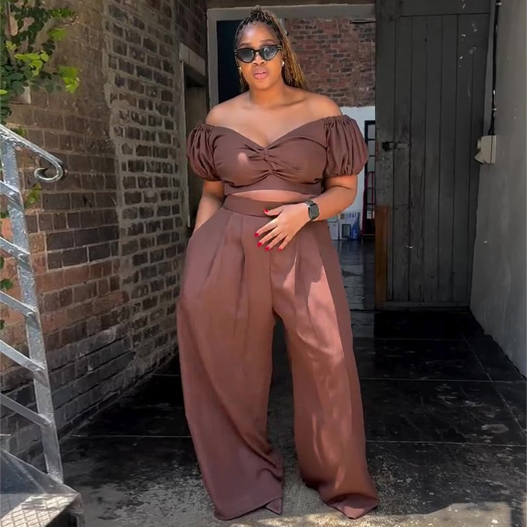 Damen Crop-Top und Palazzo-Hosen Set mit voluminösen Ärmeln und eleganten Falten Drune