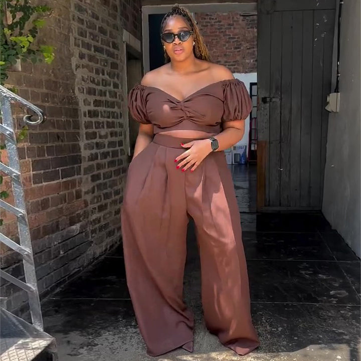 Damen Crop-Top und Palazzo-Hosen Set mit voluminösen Ärmeln und eleganten Falten Drune