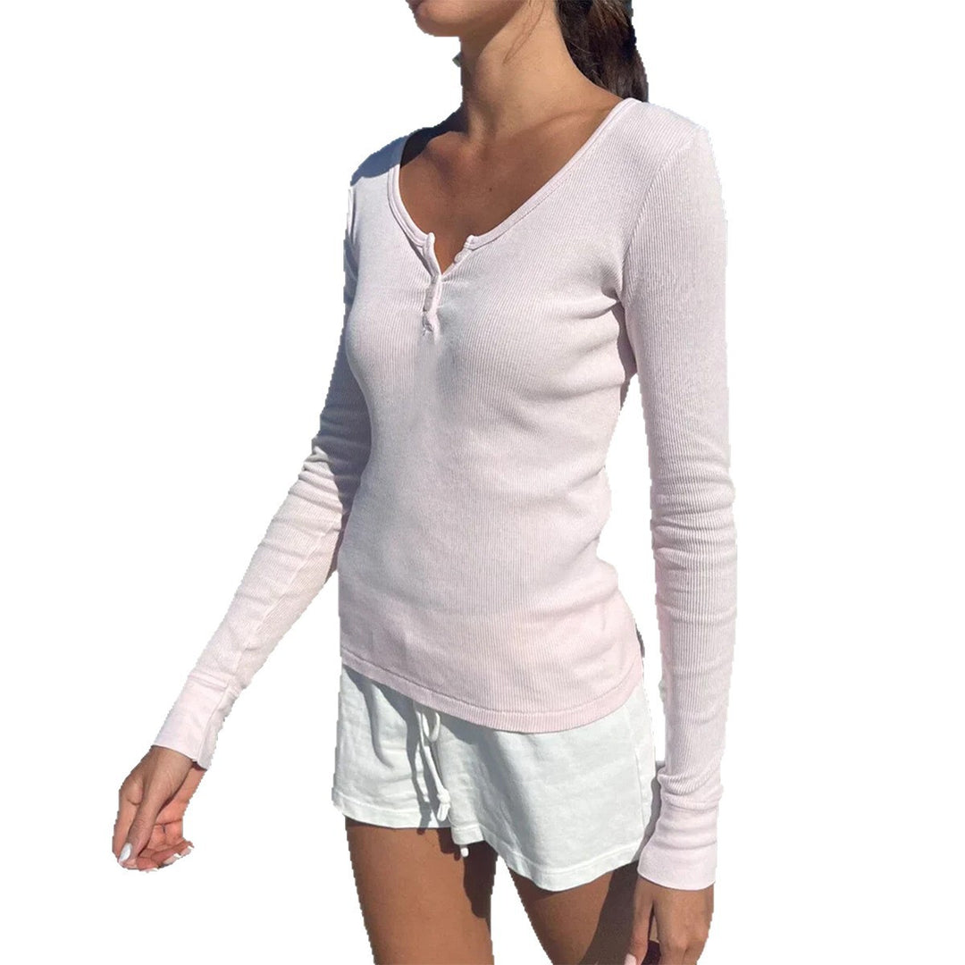 Damen nan tailliertes Henley-Langarmshirt mit tiefem U-Ausschnitt, feiner Rippstruktur und dekorativer Knopfleiste Drune
